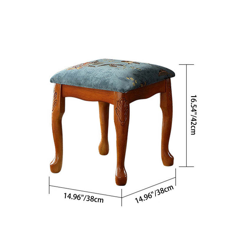 European Fabric Carved Wood Vanity Stool