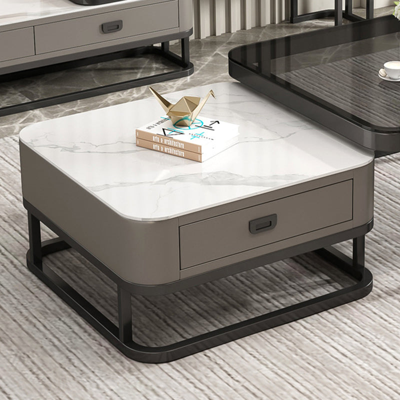 Minimalist Rock Slab Glass Square Coffee Table 1-Drawer — Gold Frame + White Tabletop + White Drawer