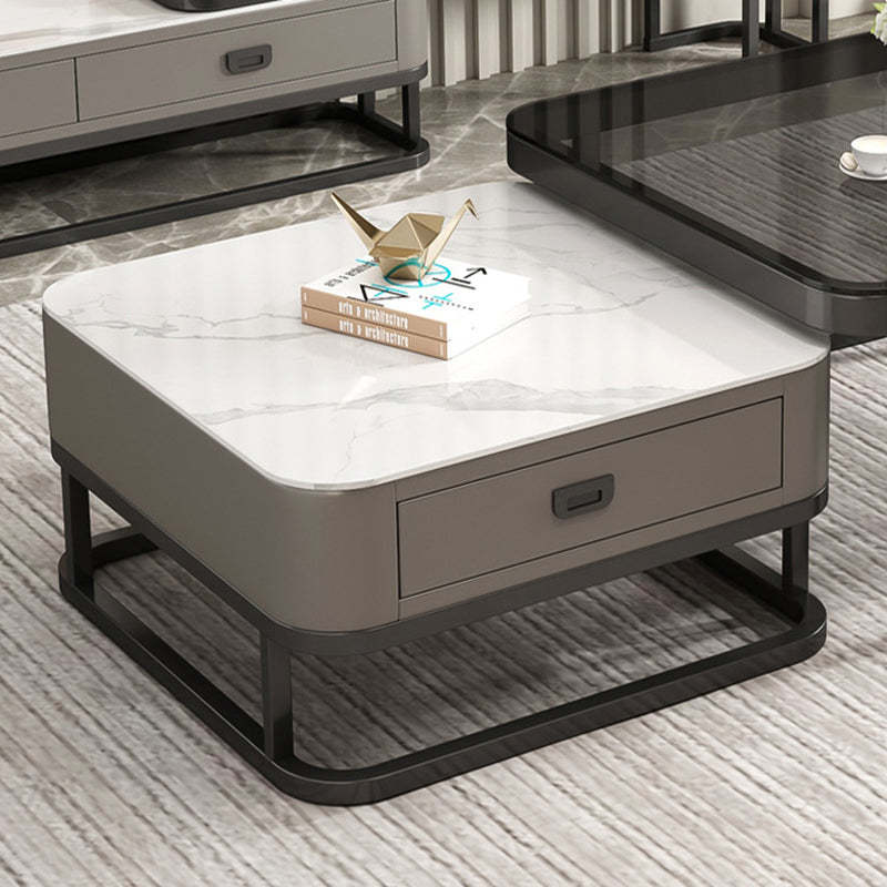 Minimalist Rock Slab Glass Square Coffee Table 1-Drawer — Gold Frame + White Tabletop + White Drawer