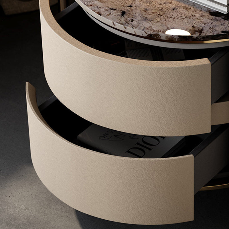 Modern Marble Solid Wood Round Nightstand 2-Drawer