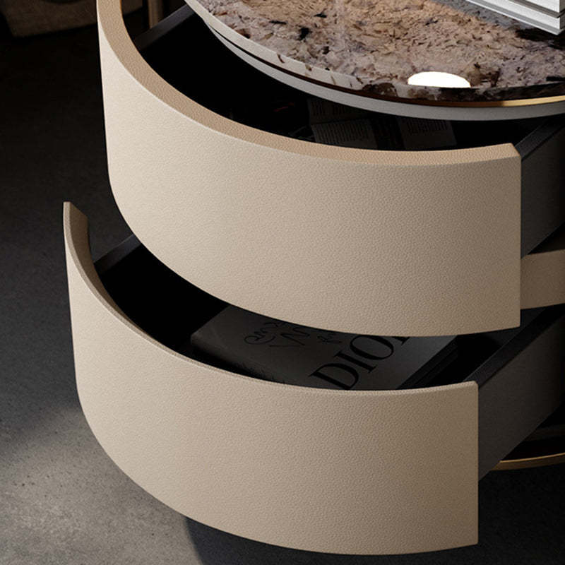 Modern Marble Solid Wood Round Nightstand 2-Drawer