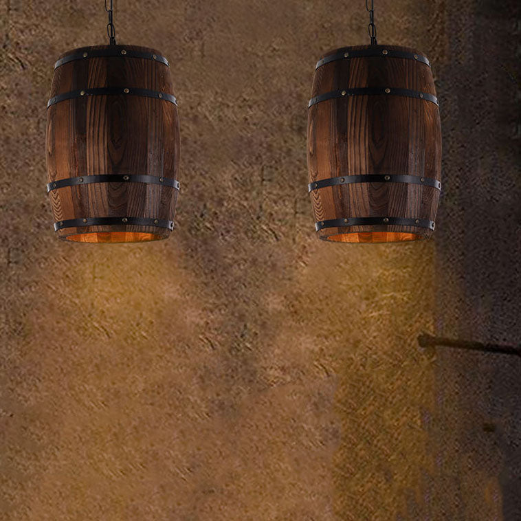 Rustic wooden barrel metal pendant lighting — 9.84" W x 11.81" H / 220V-240V (UK/AU)