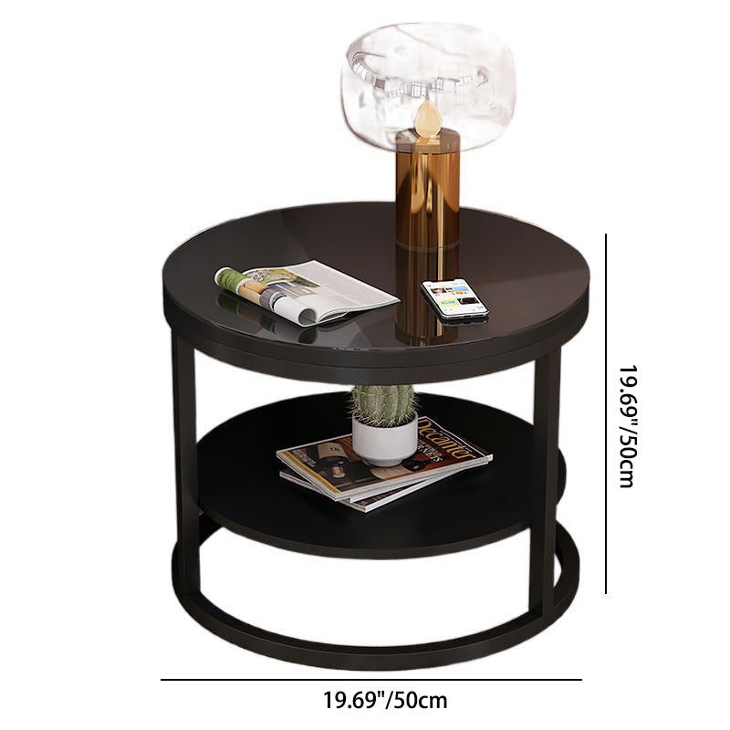 Modern Round Wood Iron 2-Tier Side Table — White Panel + Black Frame