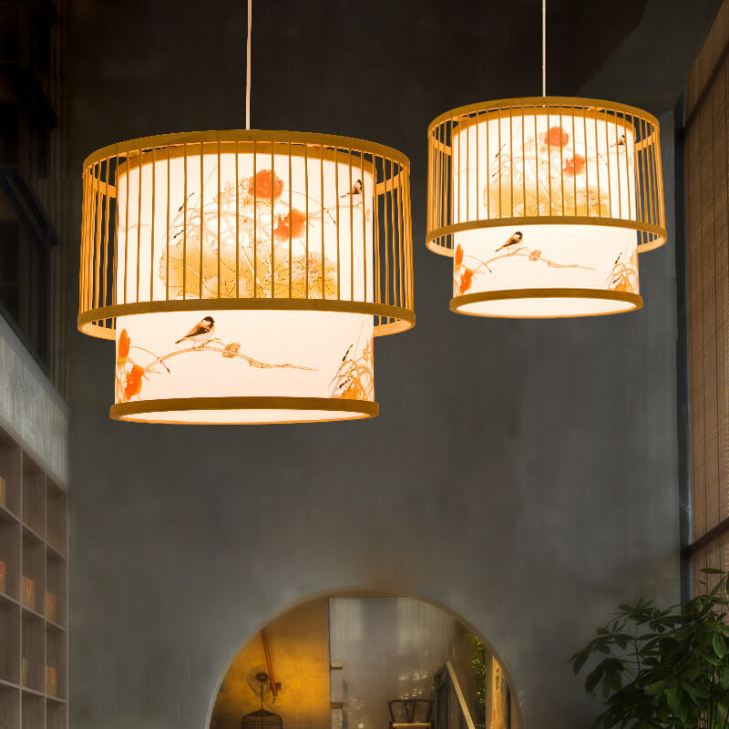 Chinese Bamboo Weaving Cylindrical Pendant Light — 110V-120V For US/CA