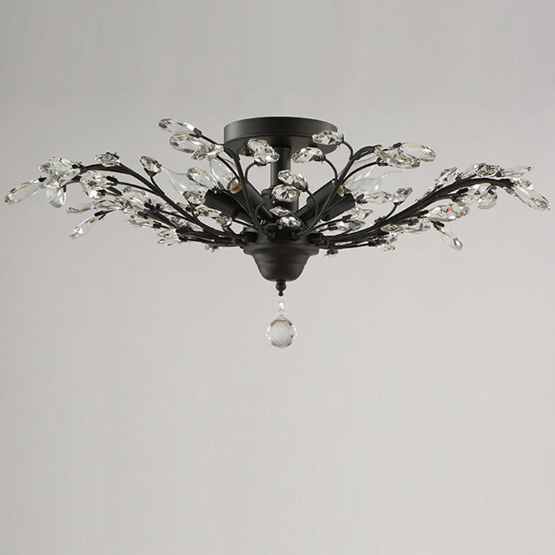 European Branch Iron Crystal Semi-Flush Ceiling Light