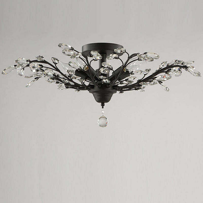 European Branch Iron Crystal Semi-Flush Ceiling Light