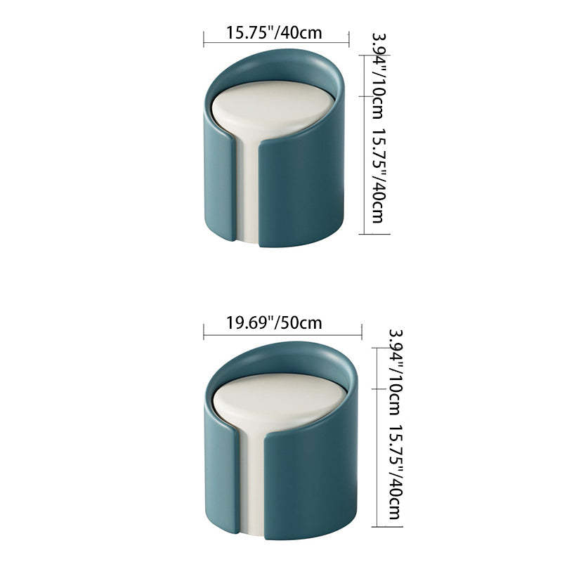 Minimalist Leather Wood Cylinder Footstool — Outside Blue & Inside White