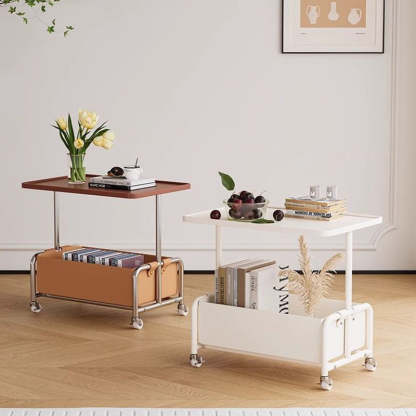 Minimalist Iron Leather Rectangular Movable End Table 2-Tier — White