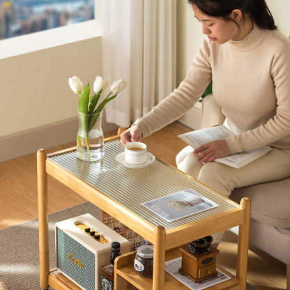 Modern Glass Wood 2-Tier Side Table