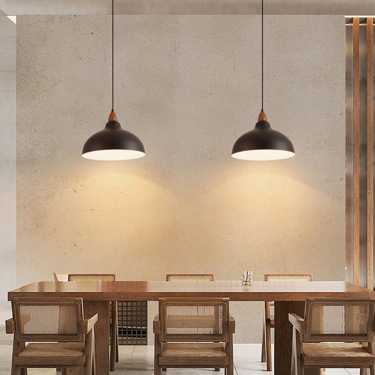 Japanese Iron Dome Wood Top Pendant Light