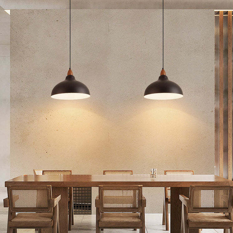 Japanese Iron Dome Wood Top Pendant Light