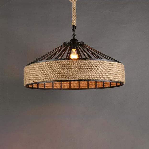 Traditional Rustic Iron Hemp Rope Pendant Light