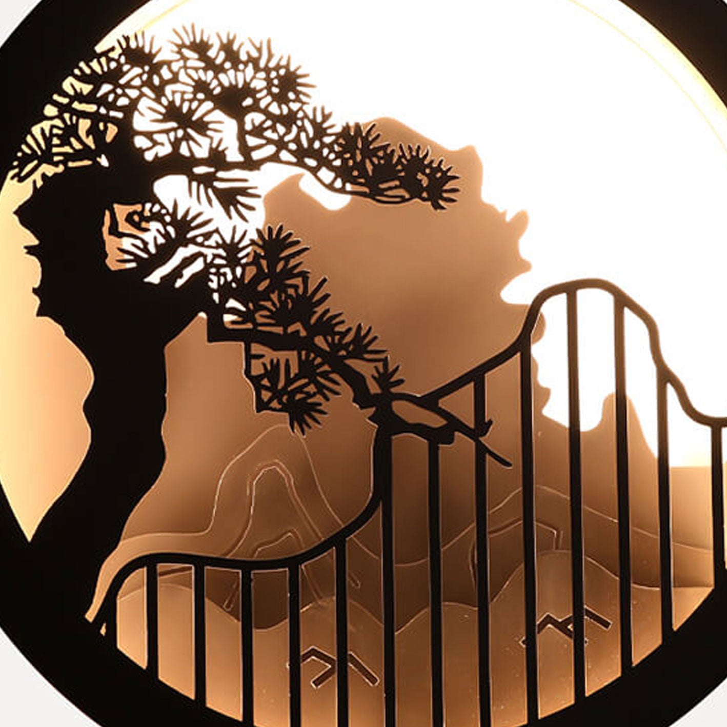 Chinese Landscape Pine Zen Round LED Outdoor Wall Sconce