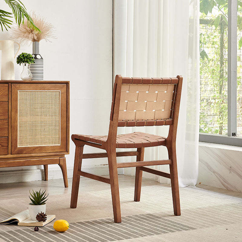 Scandinavian Woven Wood Saddle Leather Dining Chair