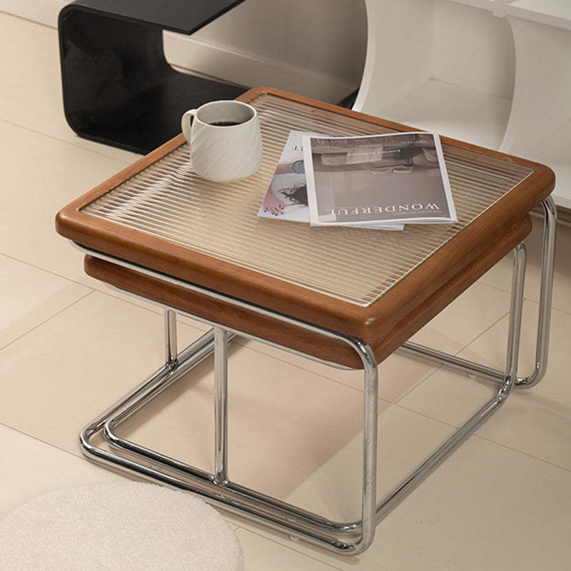 Vintage Solid Wood Rattan Glass Square Coffee Table 4-Leg