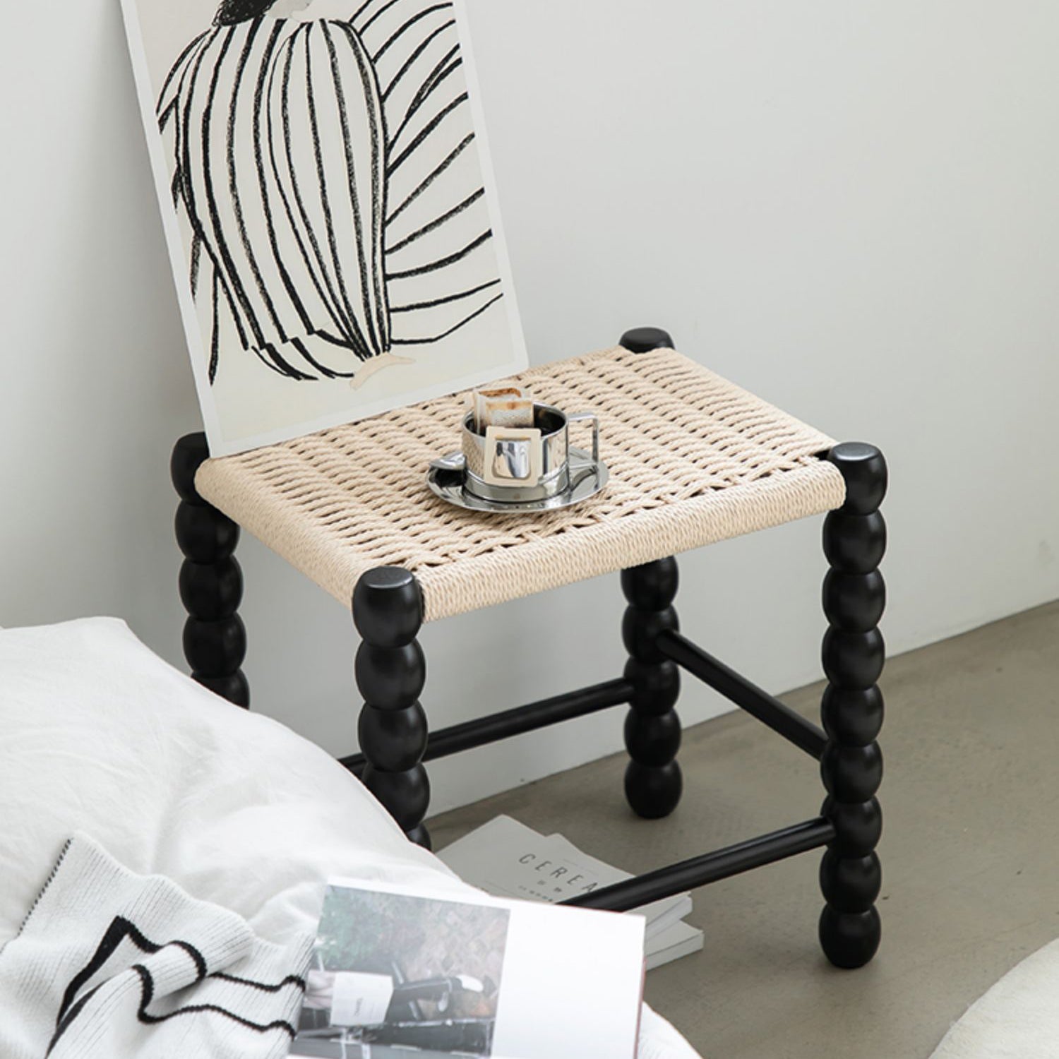 Vintage Gourd Wood Rope Stool — Black