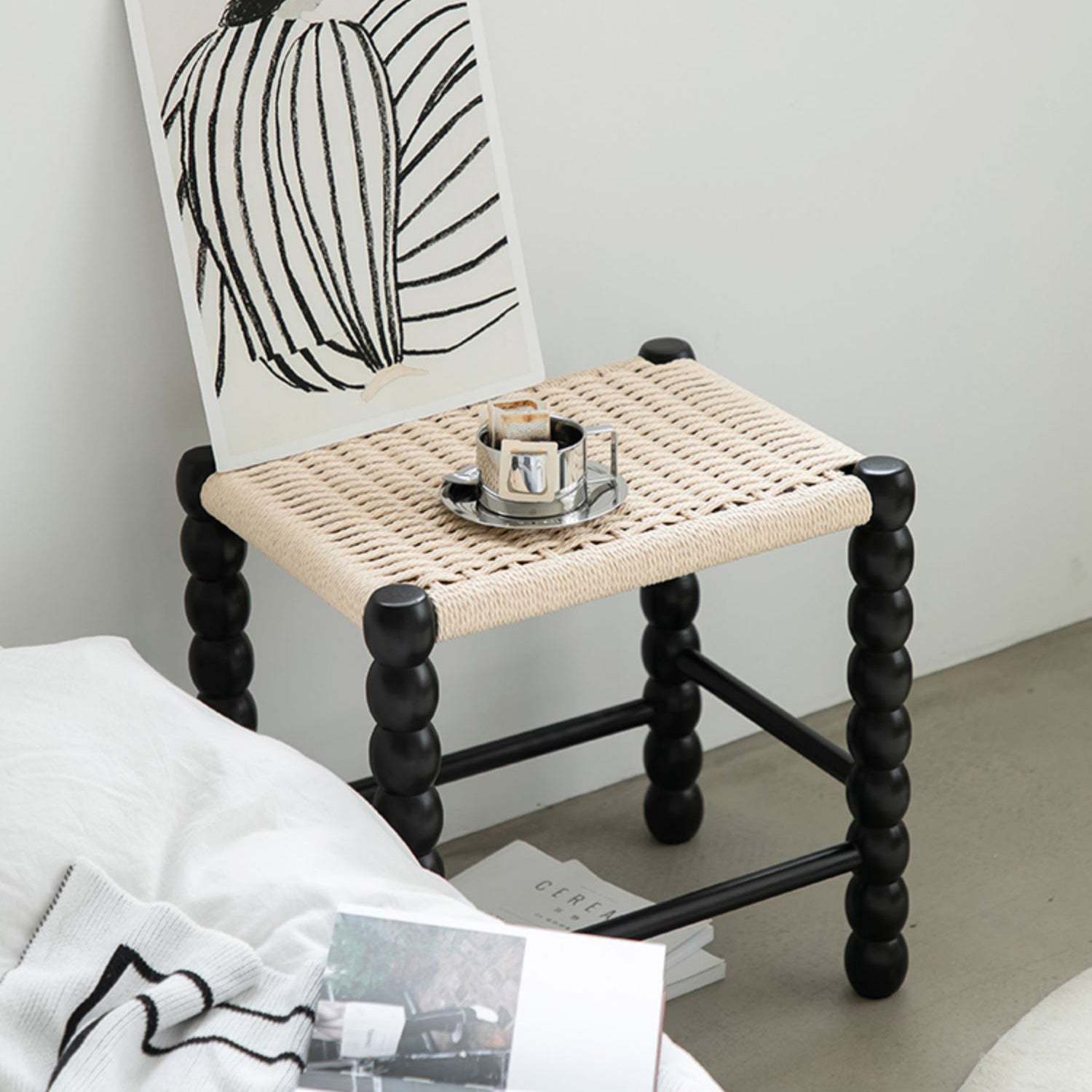 Vintage Gourd Wood Rope Stool — Black