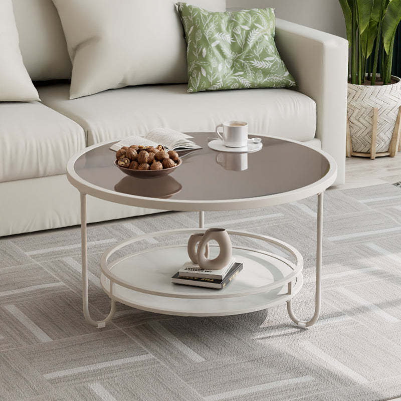 Modern Round Striped Glass Metal Coffee Table — Black / Tea Color Glass