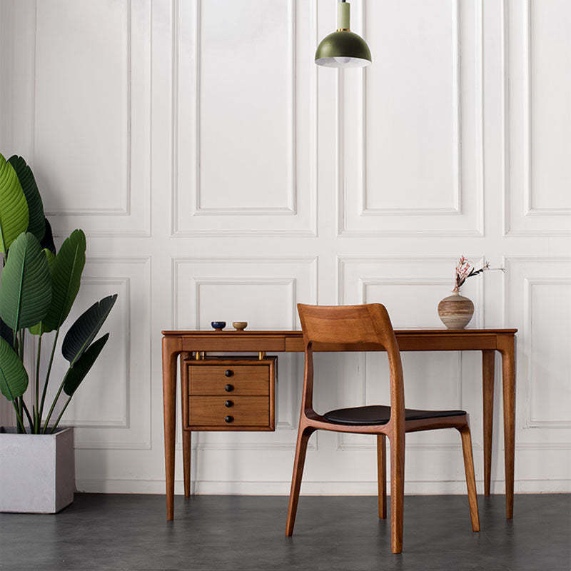 Chinese Wood Leather Four-Leg Dining Chair — Walnut Color