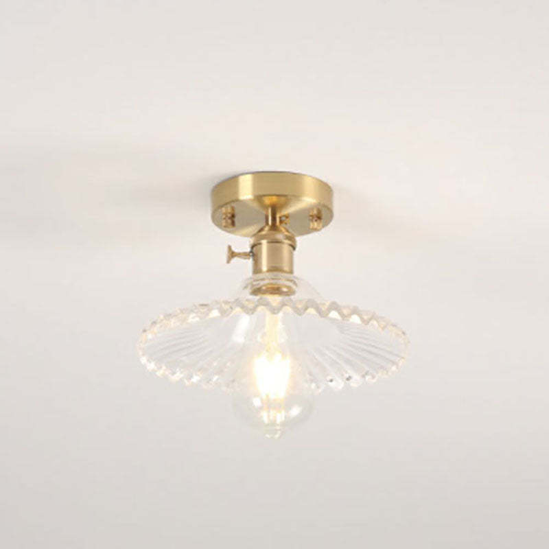 Japanese Vintage Brass Lotus Glass Semi-Flush Ceiling Light