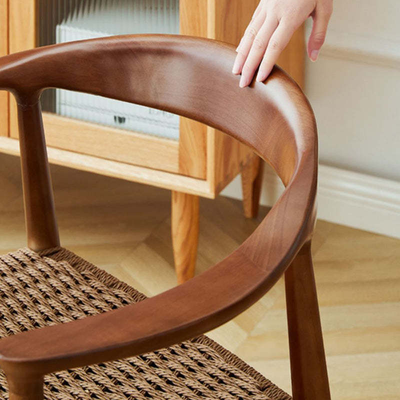 Vintage Braided Rope Wood Dining Chair — Log Color Frame + Light Gray Cotton And Linen Seat