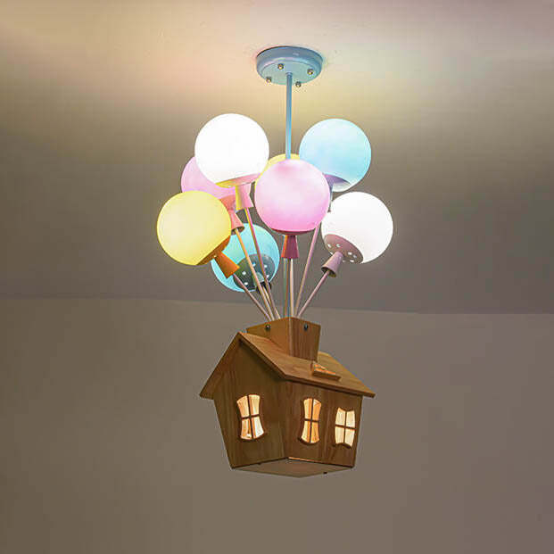 Contemporary House Balloon Iron Wood Glass Chandelier