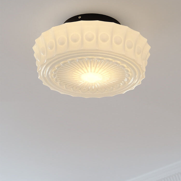 French Vintage White Jade Glass Drum LED Semi-Flush Light