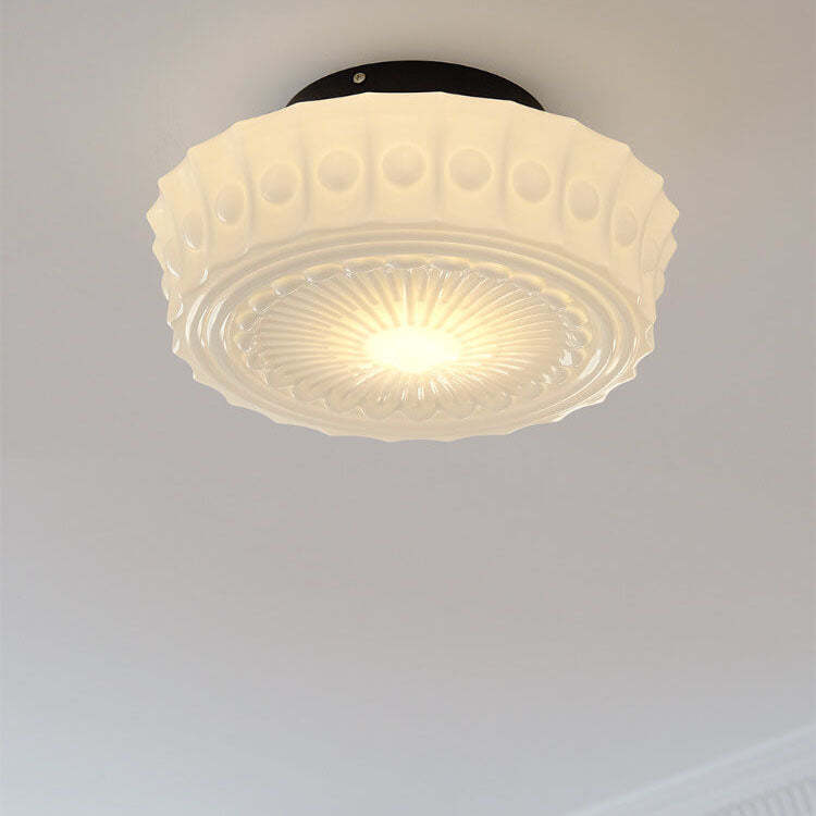 French Vintage White Jade Glass Drum LED Semi-Flush Light