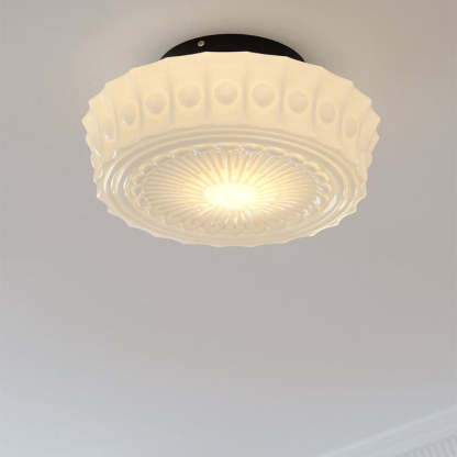 French Vintage White Jade Glass Drum LED Semi-Flush Light