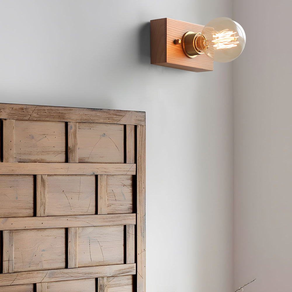 Round/Square Vintage Walnut Wood Wall Lamp 1-light with Pull Chain Switch-Lighom
