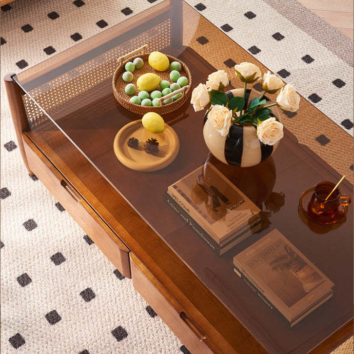 Japanese Woven Ash Glass 4-Drawer Coffee Table