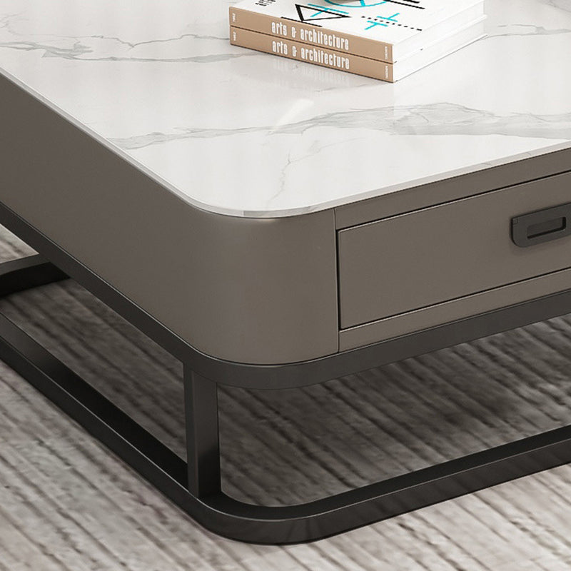 Minimalist Rock Slab Glass Square Coffee Table 1-Drawer — Gold Frame + White Tabletop + Orange Drawer