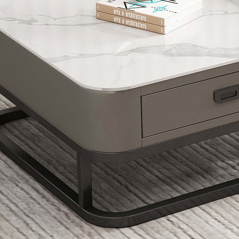 Minimalist Rock Slab Glass Square Coffee Table 1-Drawer — Gold Frame + White Tabletop + Orange Drawer