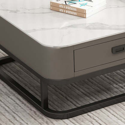 Minimalist Rock Slab Glass Square Coffee Table 1-Drawer — Gold Frame + White Tabletop + Orange Drawer