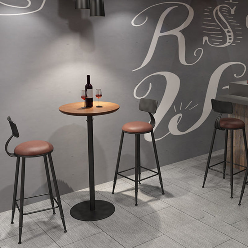 Vintage Wood Iron Round Bar Stool — Black Leather Seat