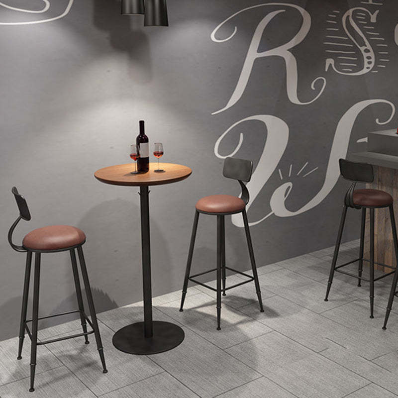 Vintage Wood Iron Round Bar Stool — Black Leather Seat