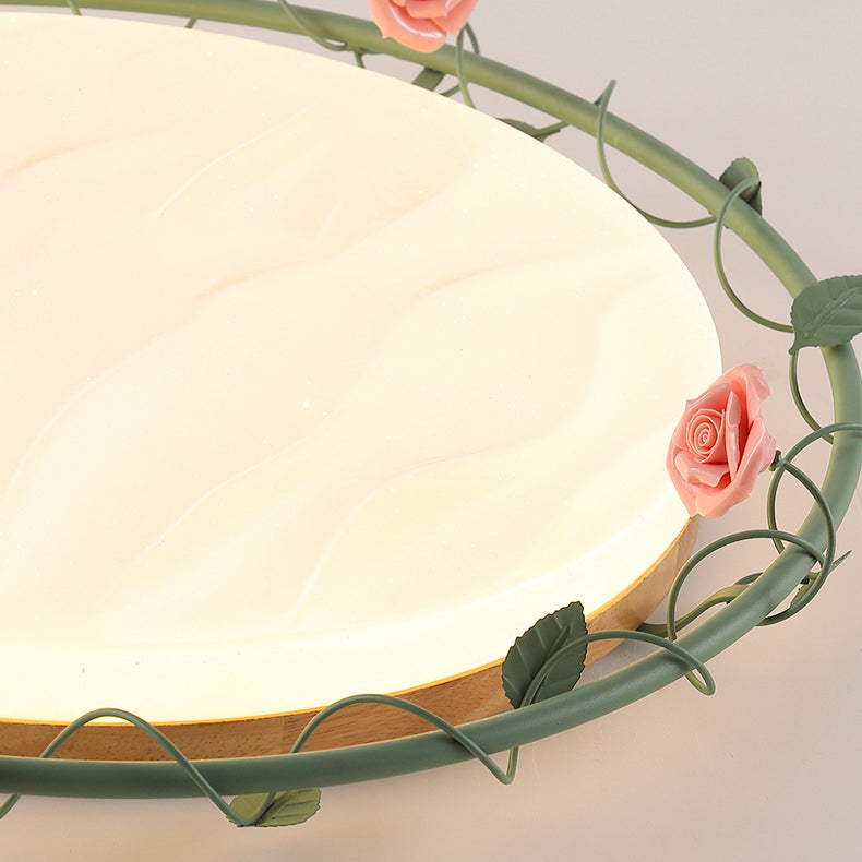 Round Rose Leaf Iron Rubberwood Acrylic LED Flush Light