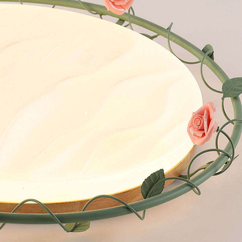 Round Rose Leaf Iron Rubberwood Acrylic LED Flush Light