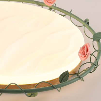 Round Rose Leaf Iron Rubberwood Acrylic LED Flush Light