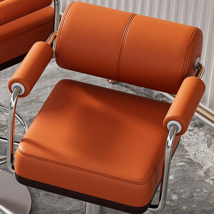 Modern Cylindrical Leather Metal Bar Stool — Orange + Silver Frame