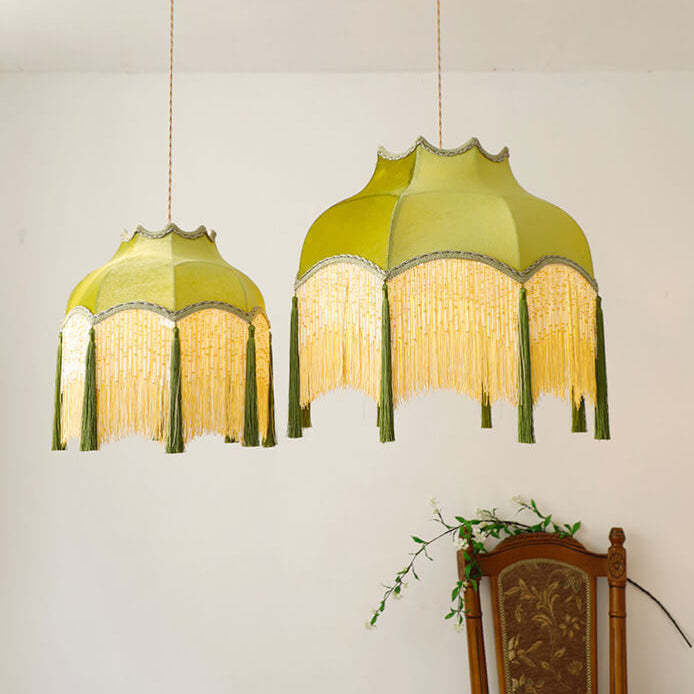 French Vintage Fabric Tassel Brass Pendant Light