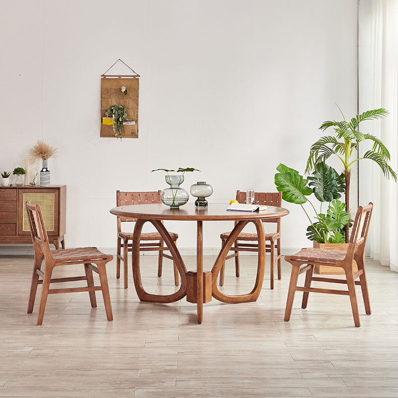 Scandinavian Woven Wood Saddle Leather Dining Chair