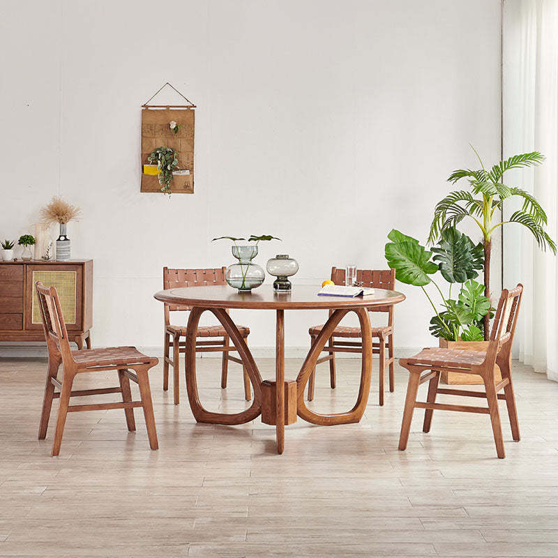 Scandinavian Woven Wood Saddle Leather Dining Chair — Walnut-Colored