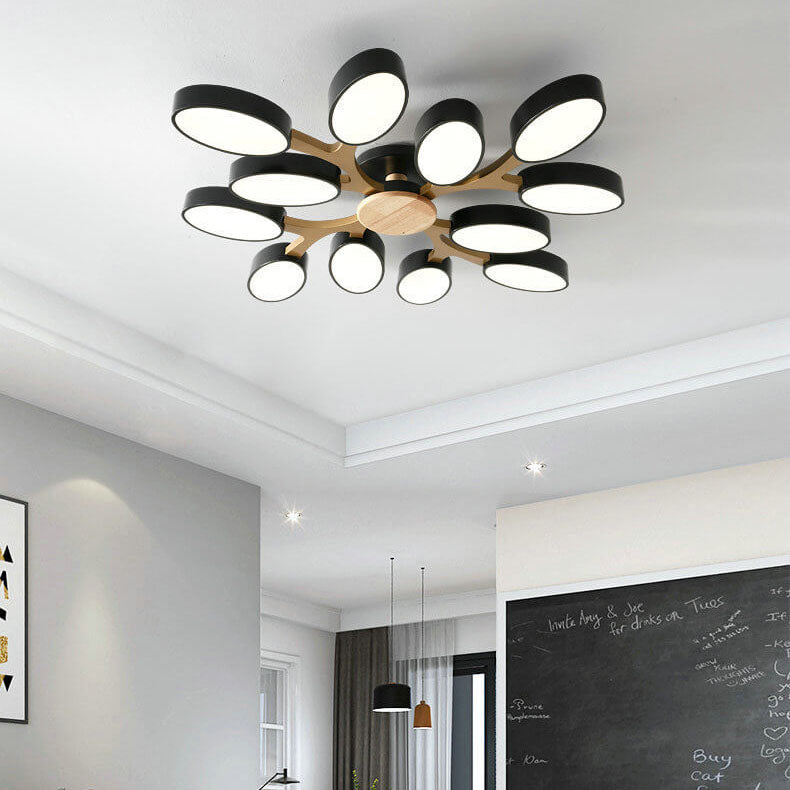 Nordic branch petal flush mount lighting in wood — Warm White (3000K) / Matte Black / 9-Light