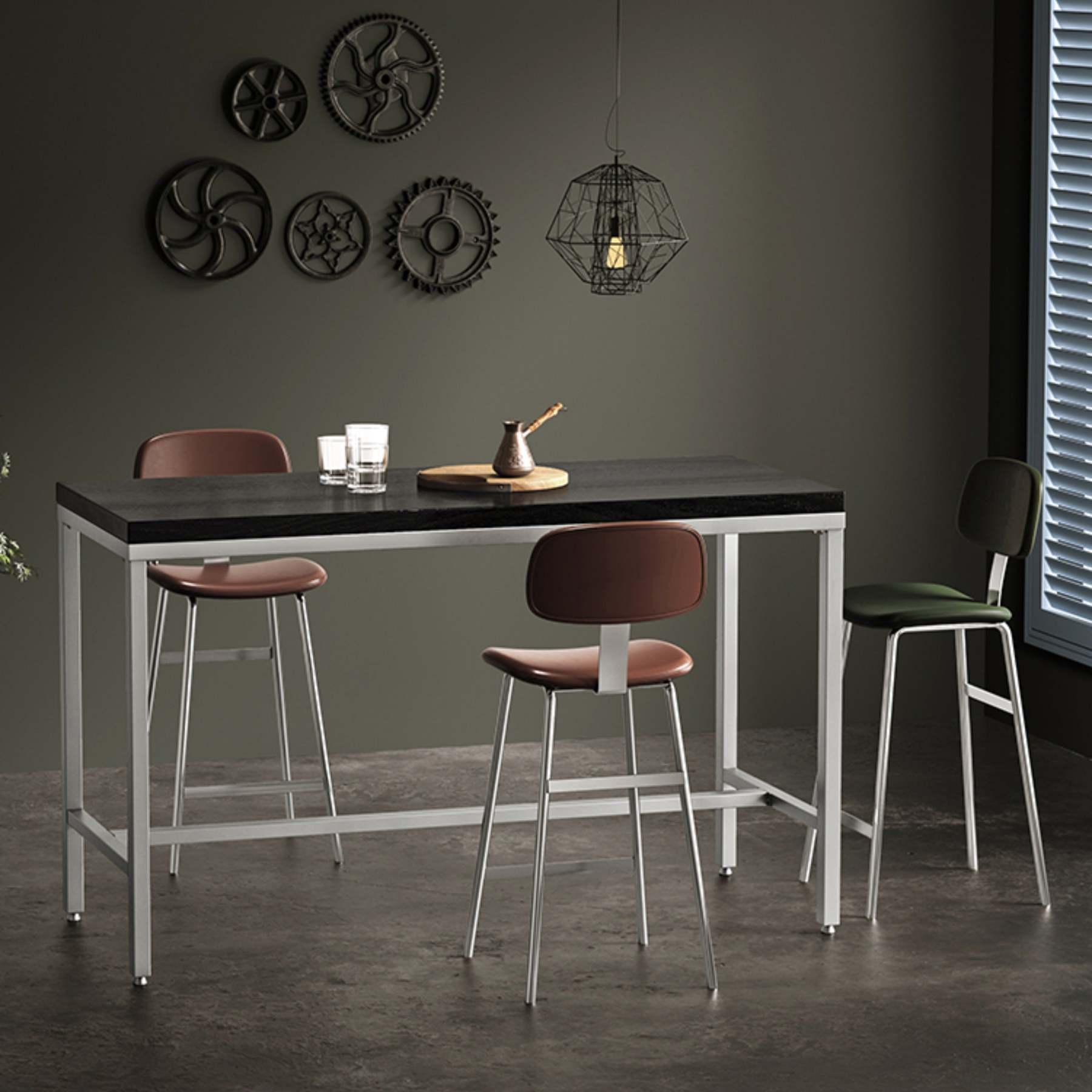 Industrial Curved PU Leather Iron Bar Stool — Green