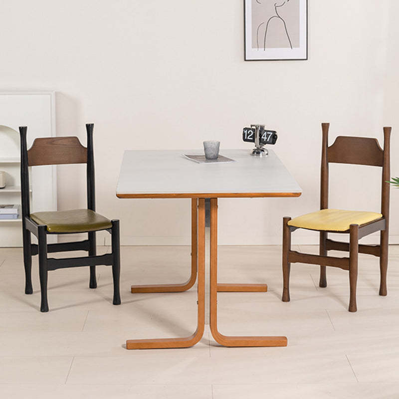Retro Curved Leg Slate Wood Iron Dining Table — White Table Top & Wood Color Base