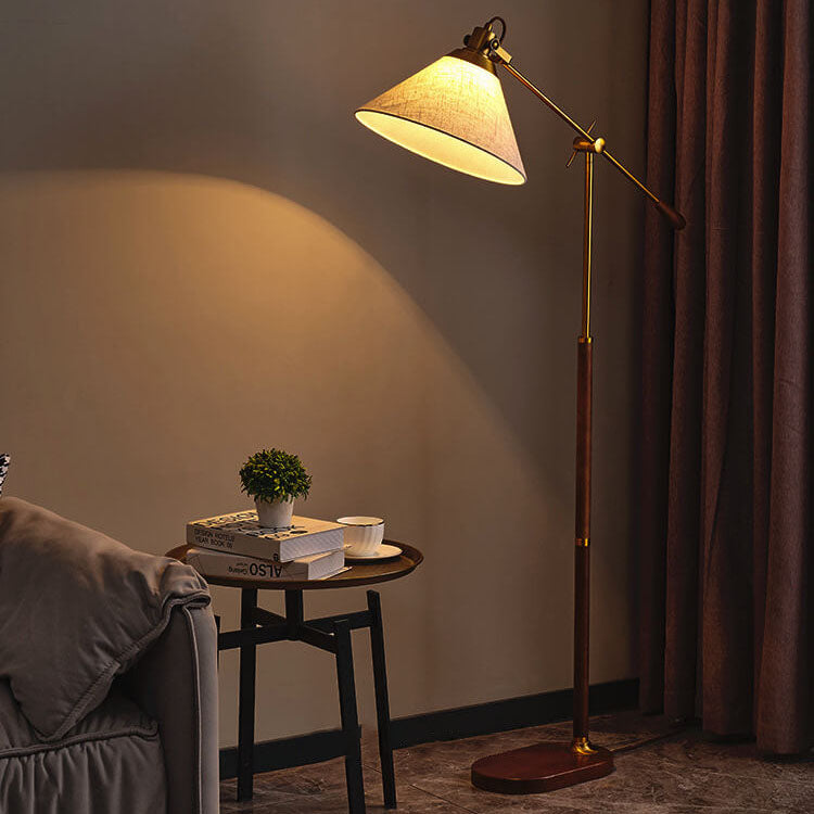 Nordic Vintage Fabric Cone Metal Ash Wood Floor Lamp — Black Walnut + Linen Shade / 220V-240V For UK/AU