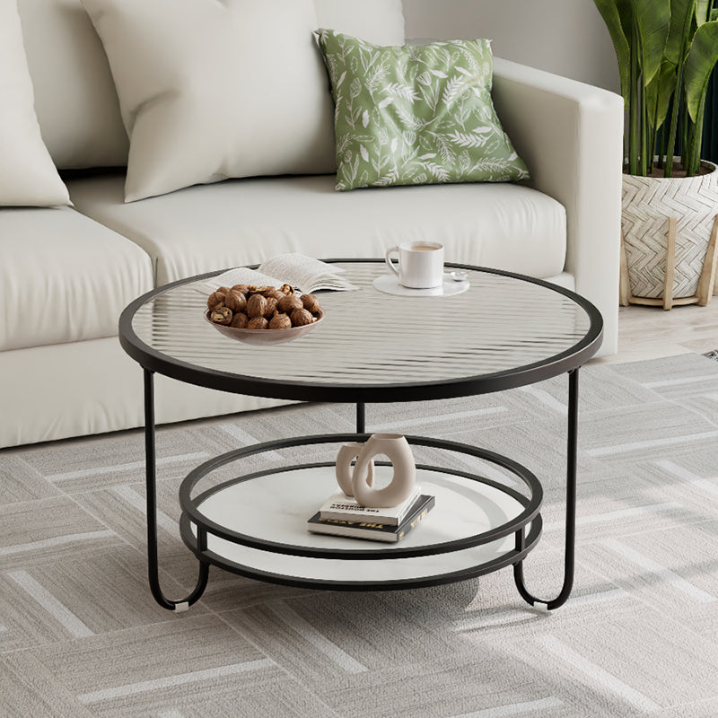 Modern Round Striped Glass Metal Coffee Table — Gold / Striped Glass