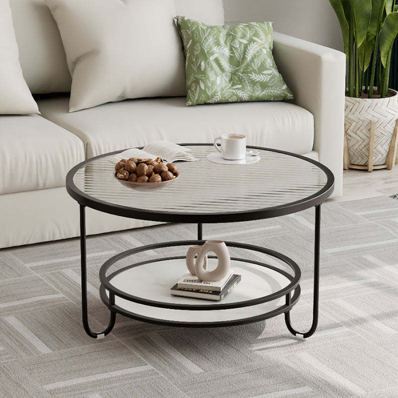 Modern Round Striped Glass Metal Coffee Table — Gold / Striped Glass