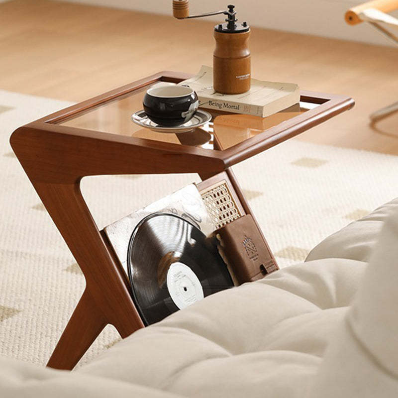 Japanese Rattan Rectangular Side Table 1-Shelf — Ash Wood - Walnut Color / Striped Glass